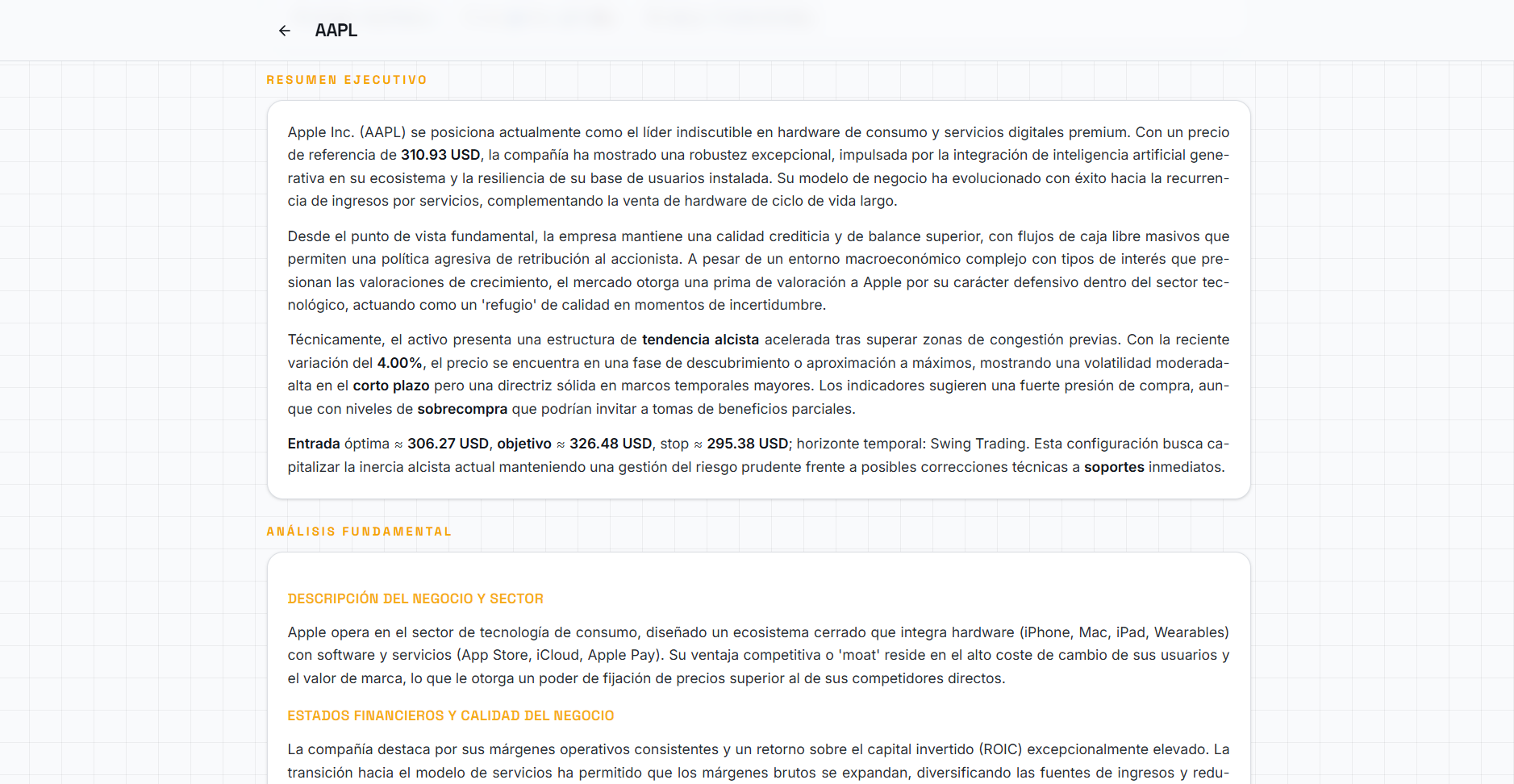 Informe detallado de AAPL en BullsDay™ con resumen ejecutivo y análisis fundamental