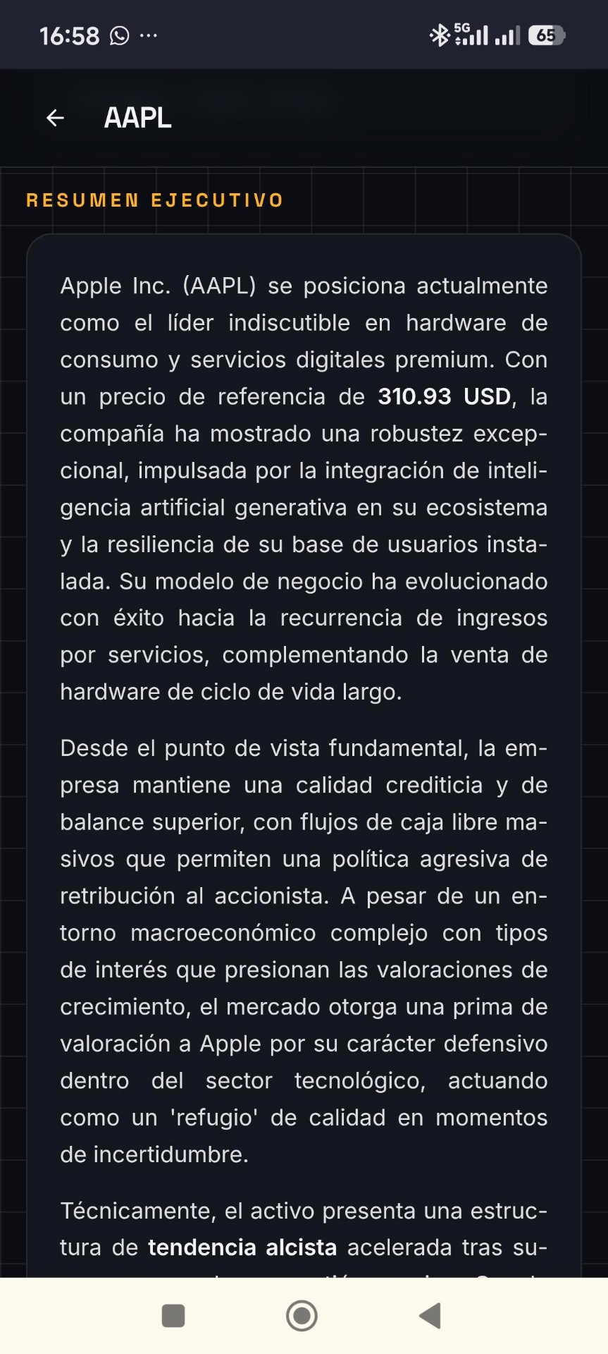 BullsDay™ en móvil mostrando el resumen ejecutivo del informe de AAPL